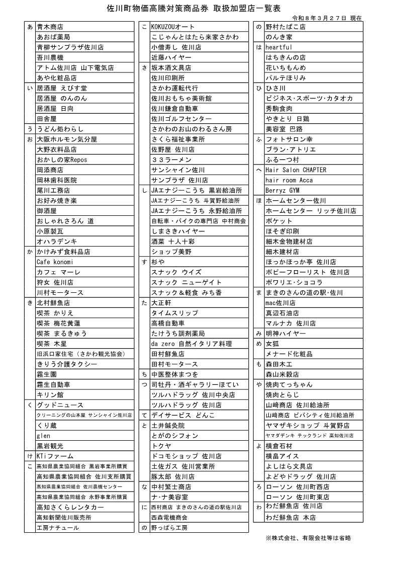 佐川町物価高騰対策商品券取扱加盟店一覧表
