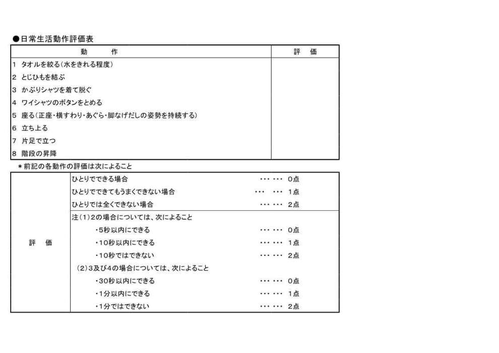 日常生活動作評価表