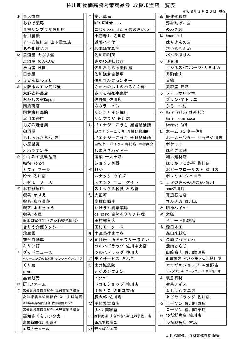佐川町物価高騰対策商品券取扱加盟店一覧表